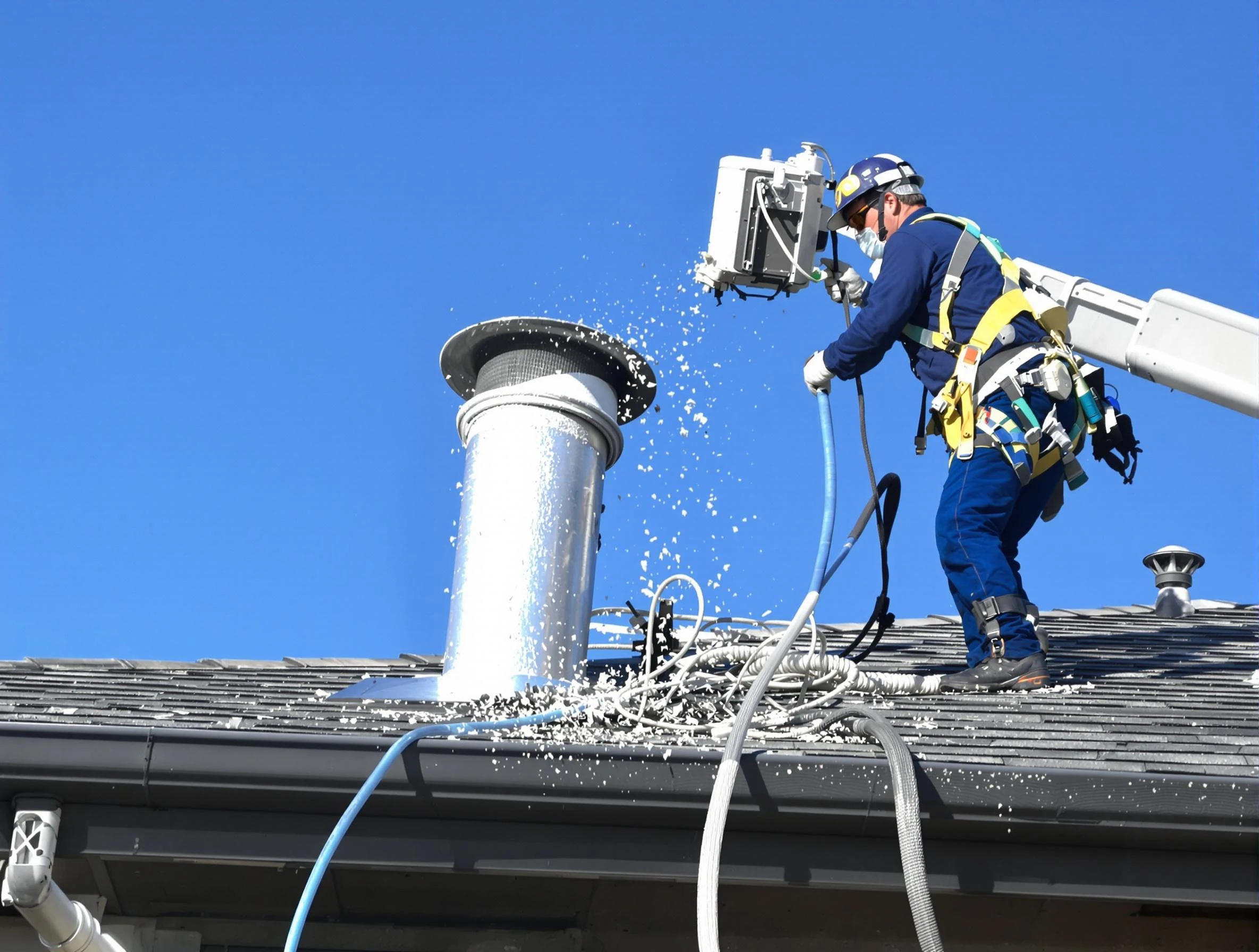 Nolensville Dryer Vent Cleaning certified technician safely cleaning a roof-mounted dryer vent in Nolensville
